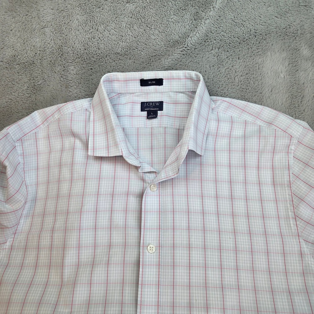 J.Crew Performance Button Down Shirt Mens Large Slim White Pink Grid Check